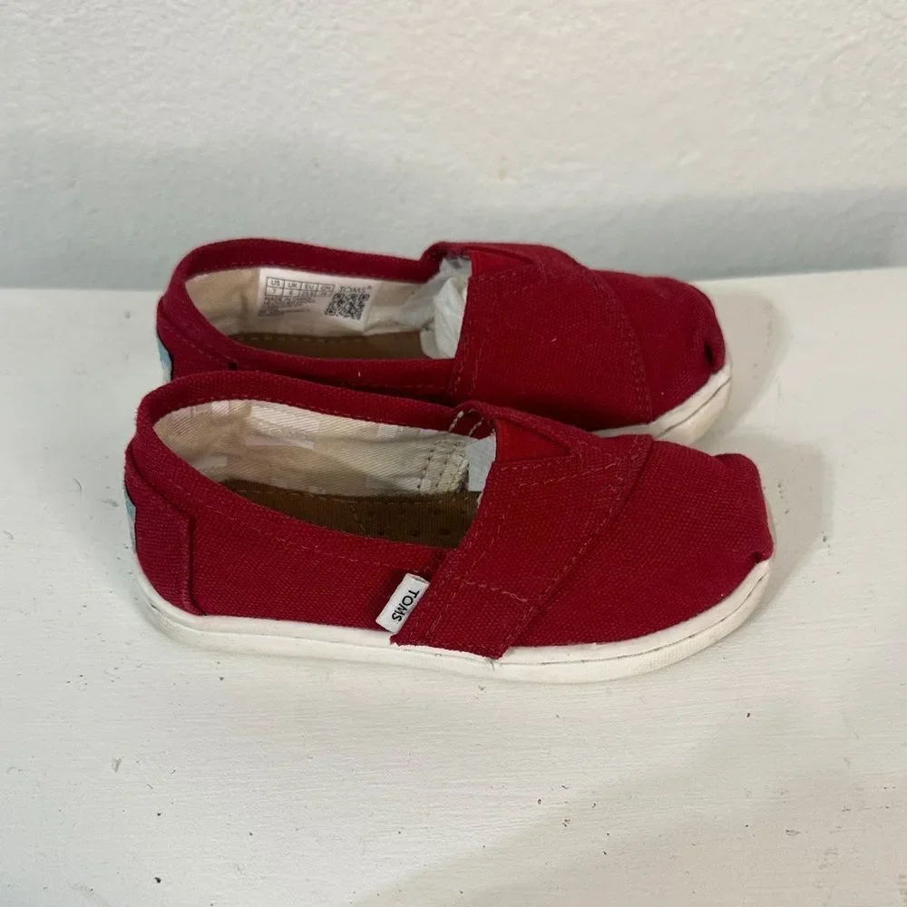 TOMS Kids Red Canvas Velcro sneakers- Size 7